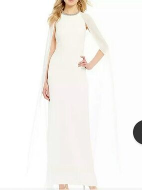 Calvin Klein White Cape-Shoulder beaded neckline Evening Gown